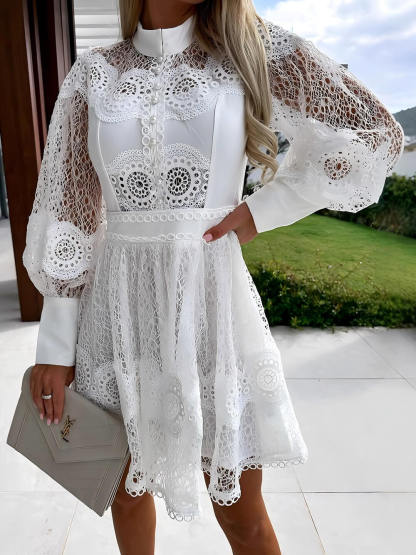 Elegant Lace-Trim Long Sleeve Mini Dress