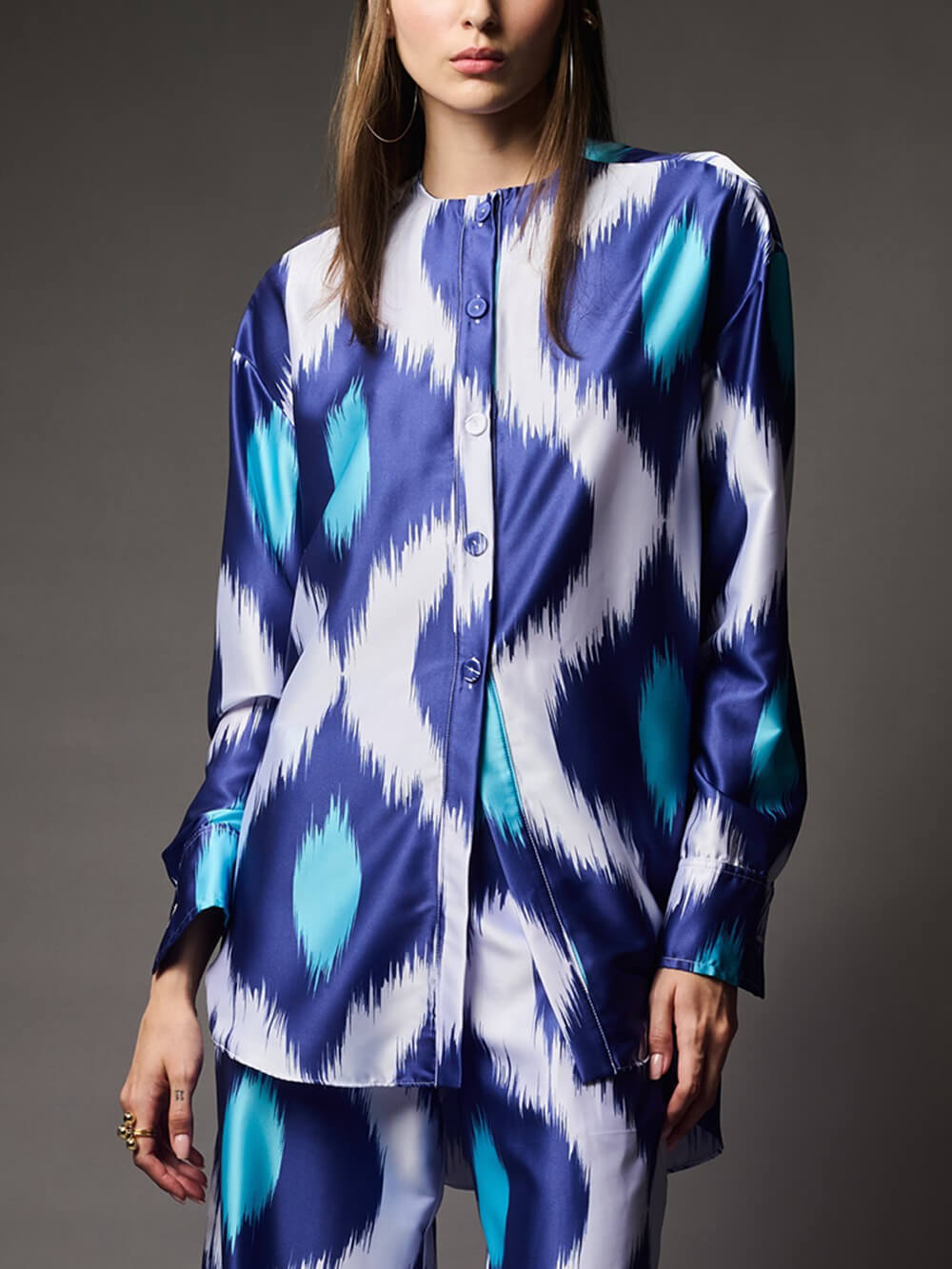Classic Satin Printed Oversized Button-Up Shirt