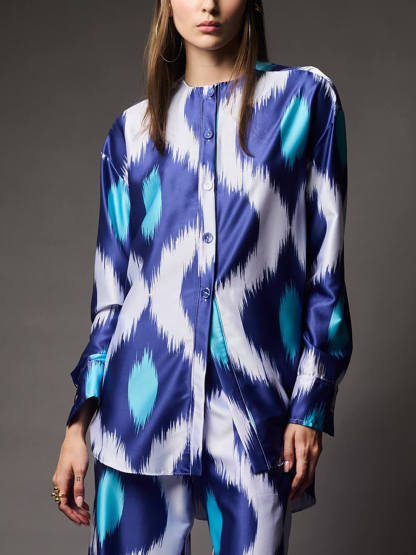 Classic Satin Printed Oversized Button-Up Shirt