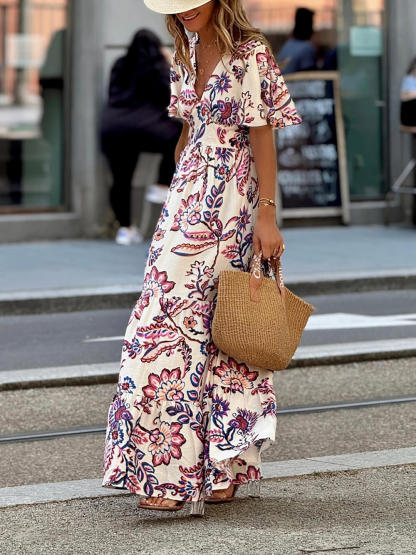 Elegant Floral Print A-Line Maxi Dress