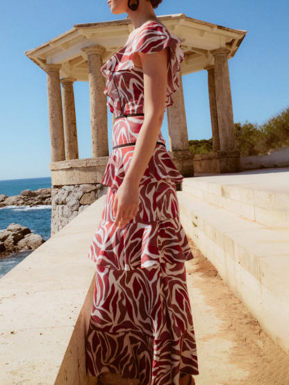 Retro Unique Layered Print Contrast Ruffle Trim Maxi Dress