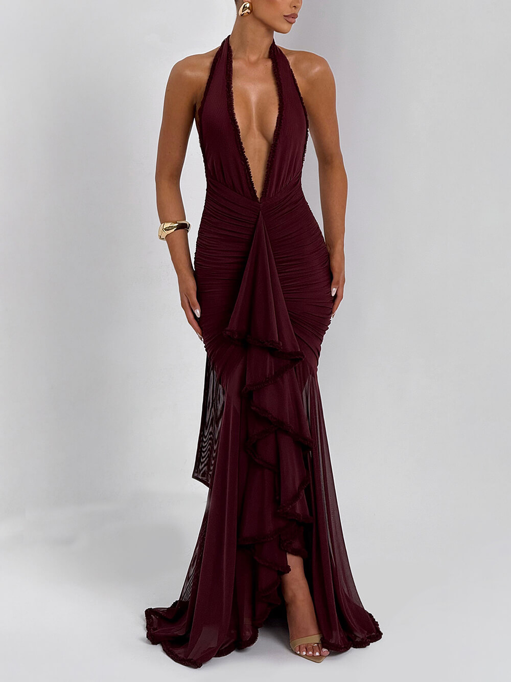 Elegant Lace-Trimmed Halter Deep V Evening Gown Maxi Dress