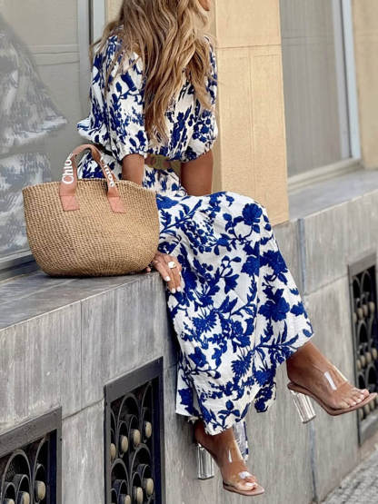 Elegant Floral Print Slit Fitted Maxi Dress