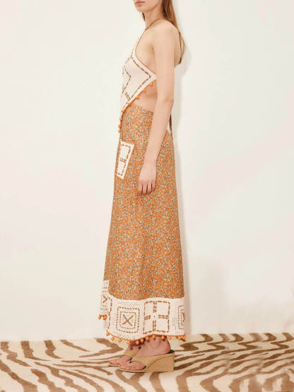 Retro Print Crochet Backless Maxi Dress