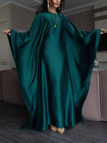 Elegant Satin Batwing Sleeve with Waist Tie Design Dignified A-line Maxi Dress