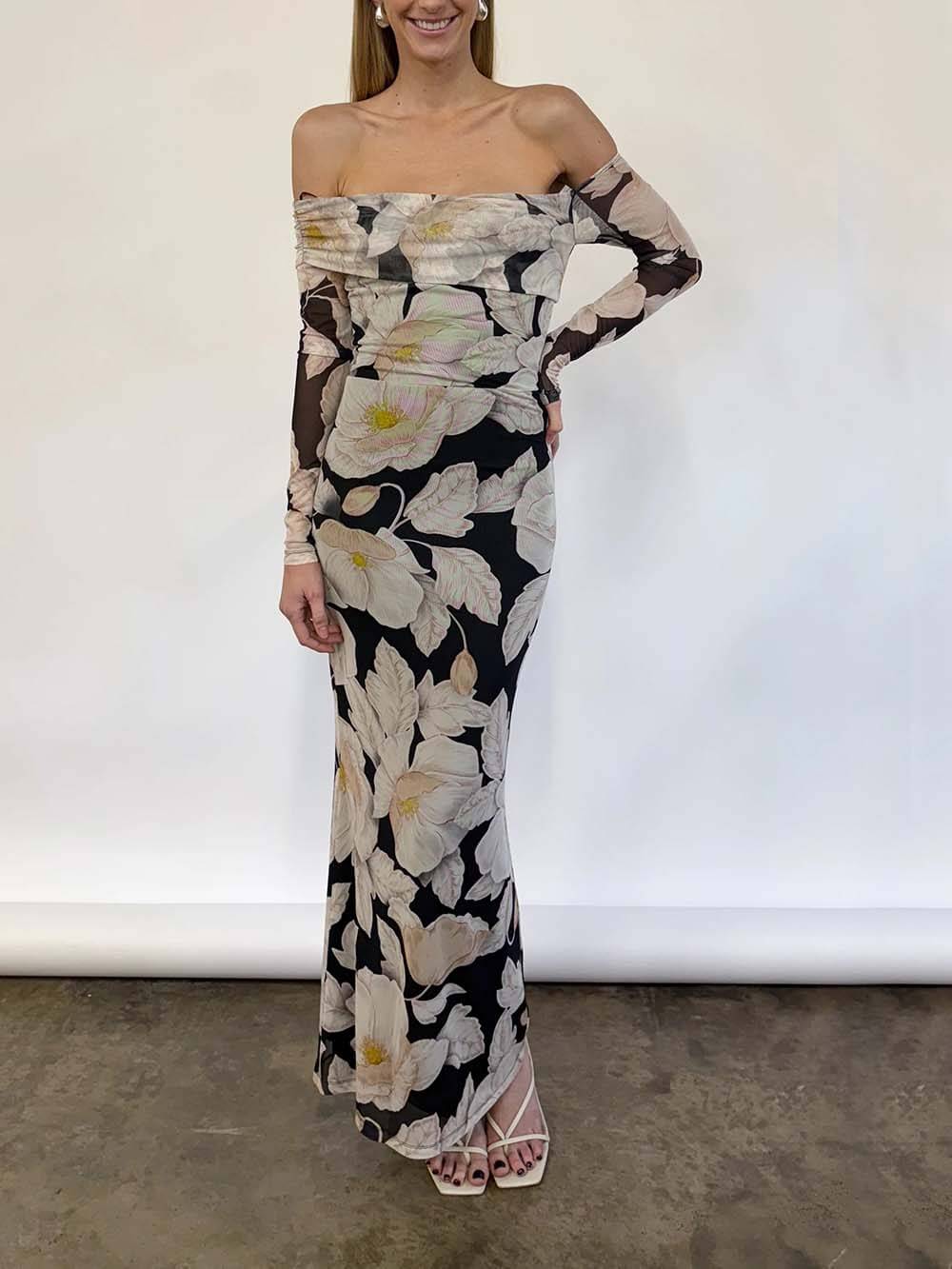 Elegant Floral Print Off-Shoulder Mesh Maxi Dress