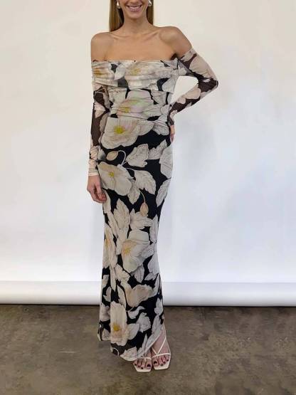 Elegant Floral Print Off-Shoulder Mesh Maxi Dress