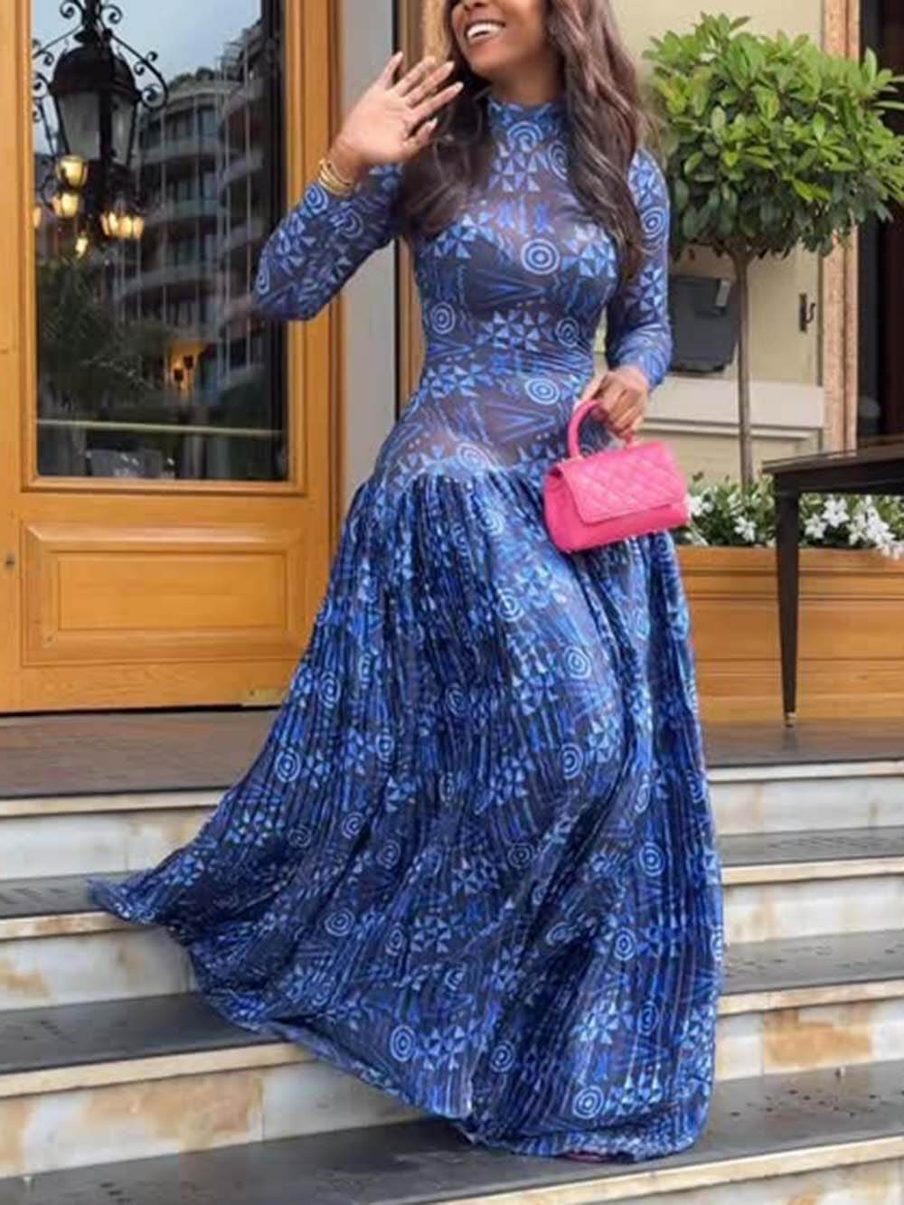 Unique Mesh Ruched Panel Print Stretch Maxi Dress