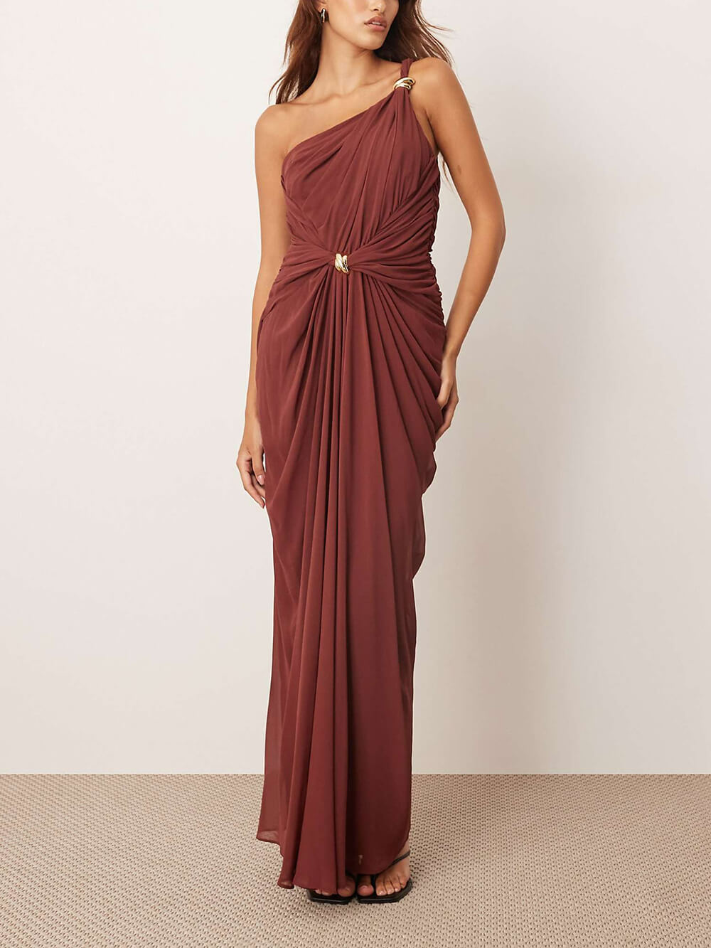 Elegant One-Shoulder Draped Twist Metal Trim Maxi Dress