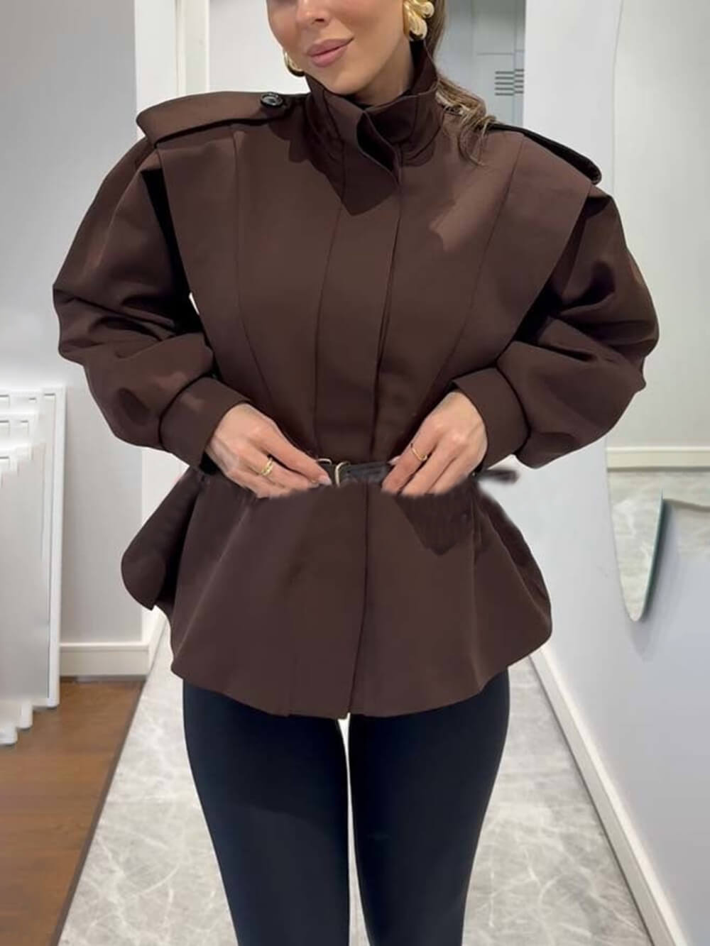 Modern Bold Stand Collar Button-Up Lantern Sleeve Loose Jacket