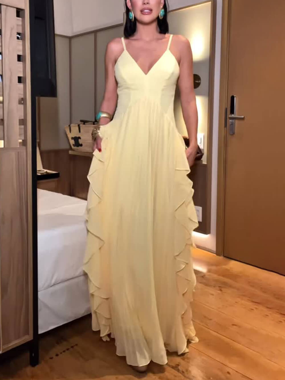 Delicate Yellow Layered Patchwork Ruched Party Maxi Dress