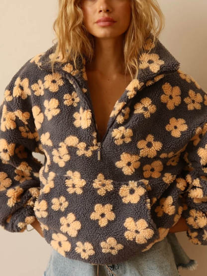Fashion Printed Faux Shearling Zip-Up Sweatshirt