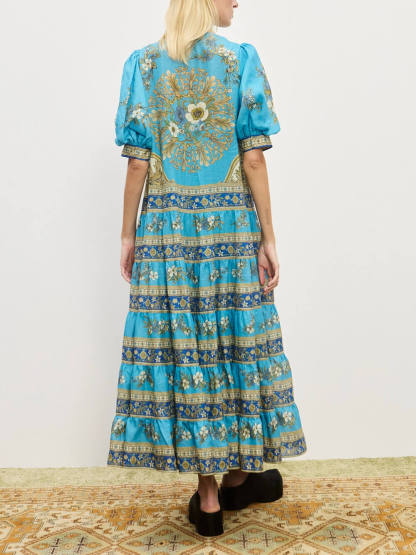 Unique Floral Print Puff Sleeve Tiered Shirt Maxi Dress