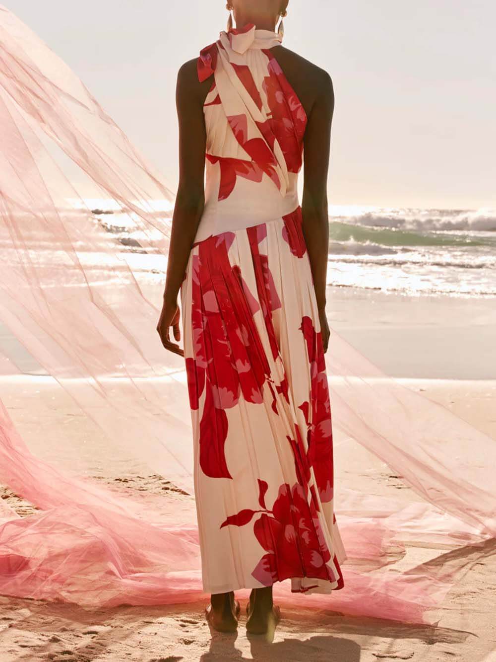 Elegant Printed Satin Ruched Backless Ruffle Maxi Dress