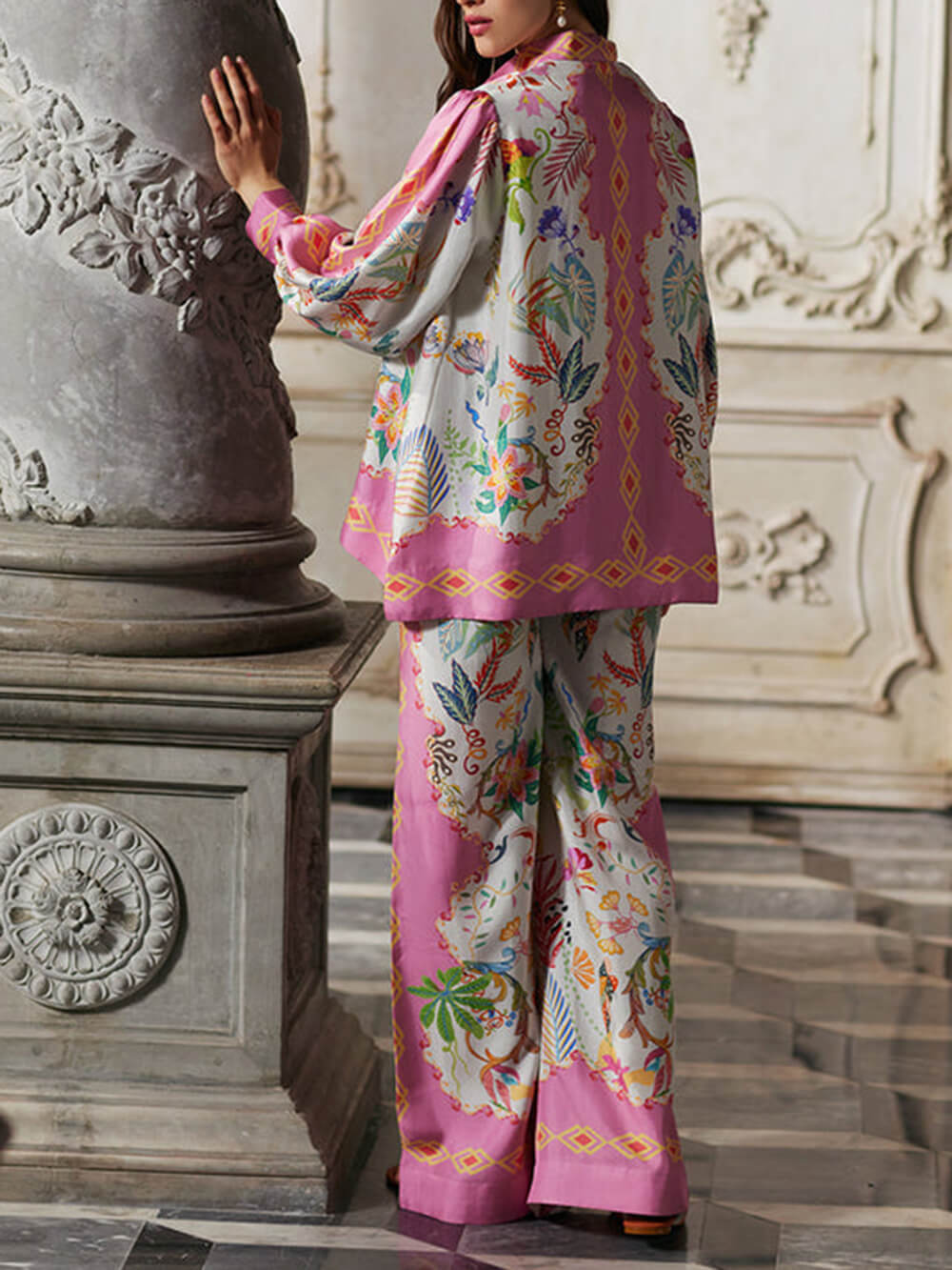 Mystic Bloom Floral Geometric Print Oversized Button-Up Shirt