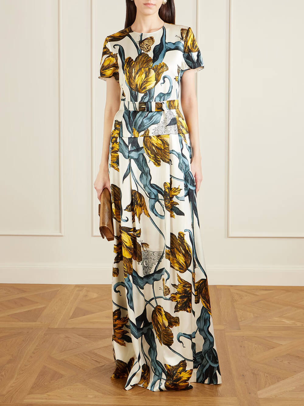 Fashion Printed Satin Waist-Cinching Maxi Dress