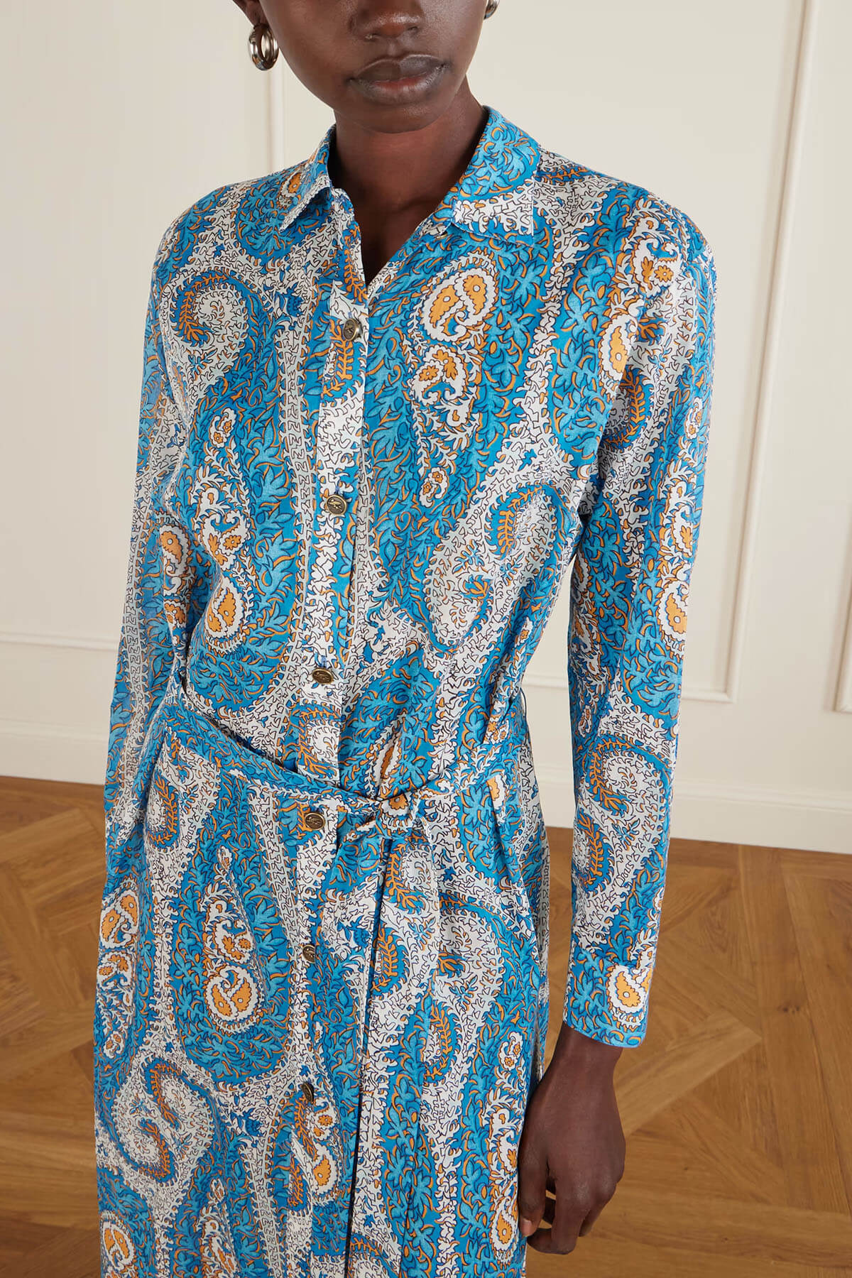 Unique Tie-Waist Paisley Print Midi Shirt Dress