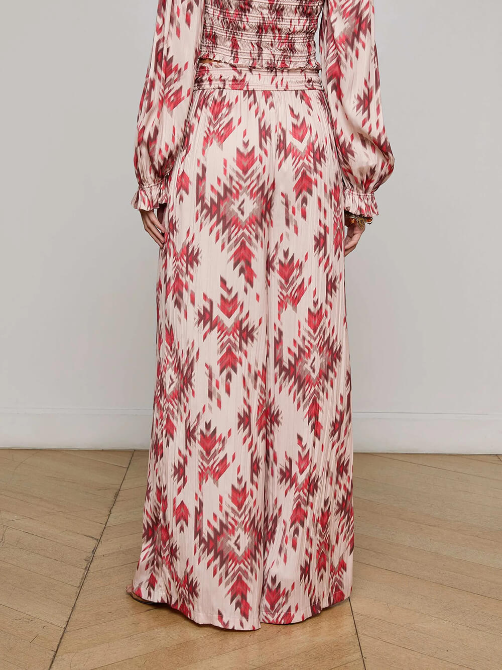 Retro Print Satin With Pleats Elastic Pockets Wide-Leg Pants