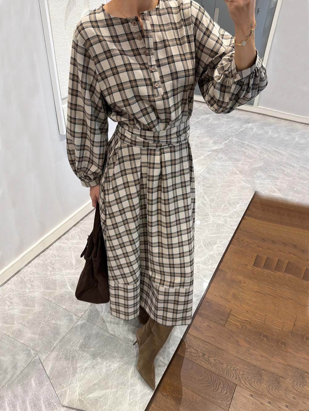 Retro Plaid Print Belted Midi Dress