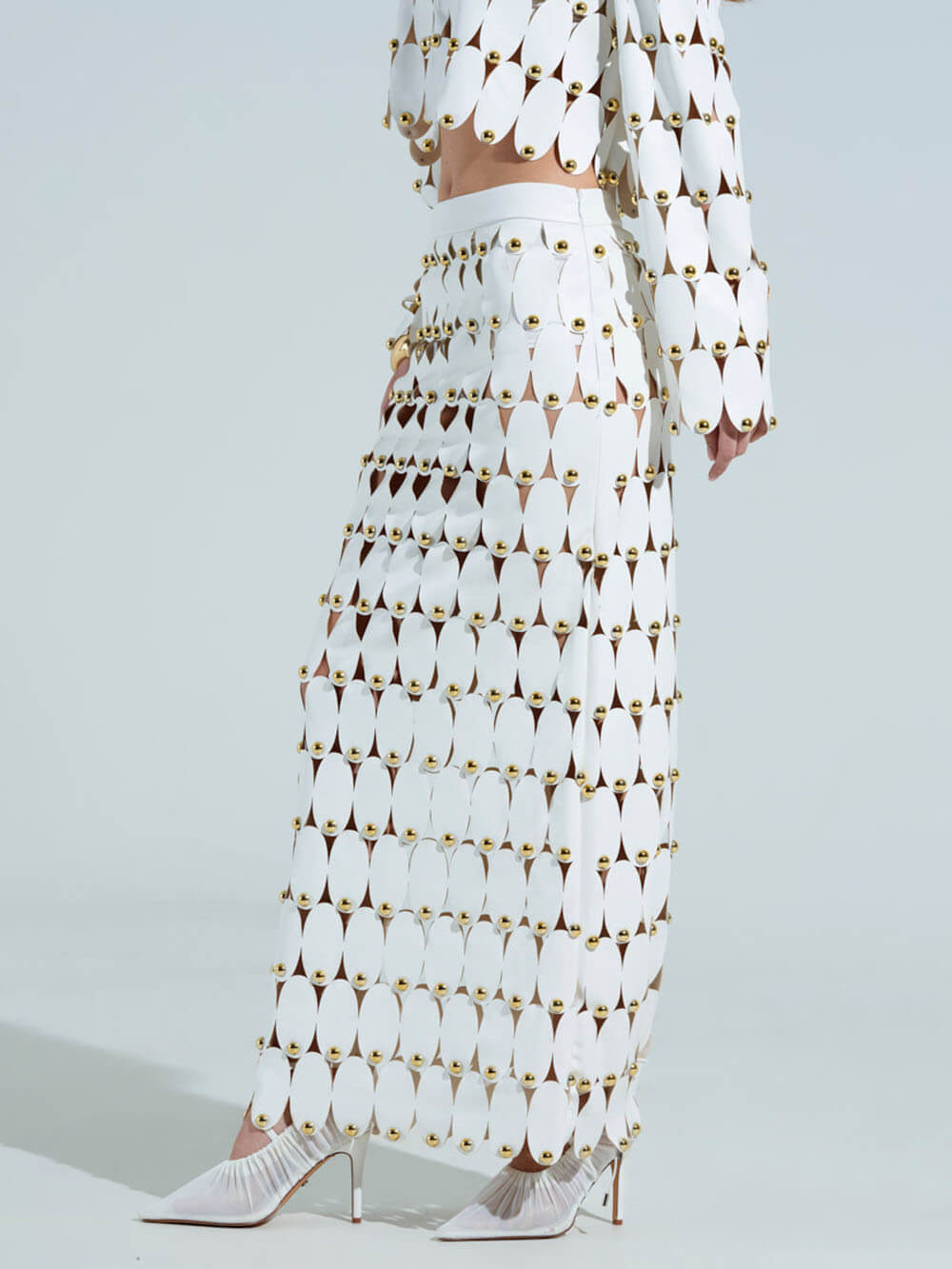 Exquisite Cut-Out Studded PU Cropped Cardigan Top