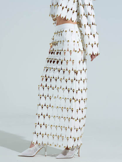 Exquisite Cut-Out Studded PU Cropped Cardigan Top