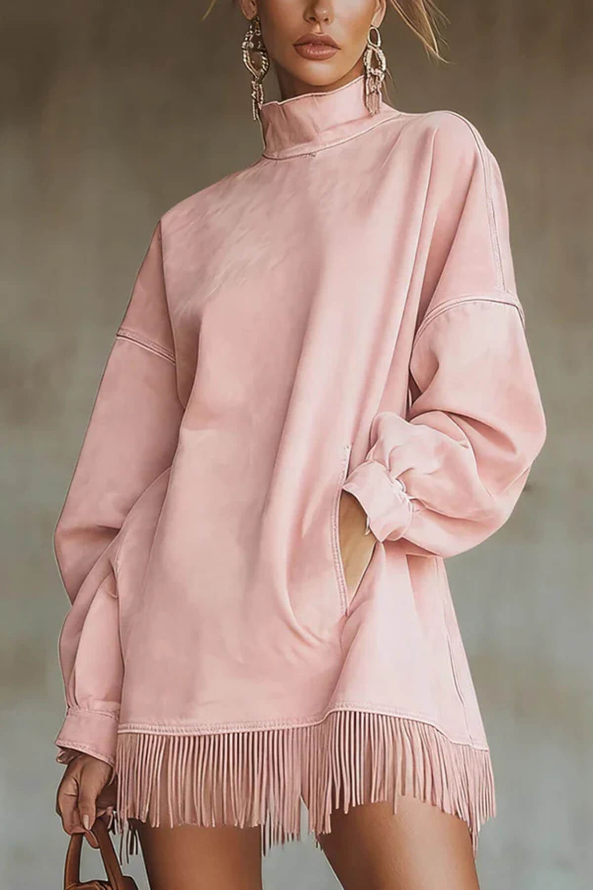 Fashion Tassel Patchwork High Neck Loose Pocket Mini Dress