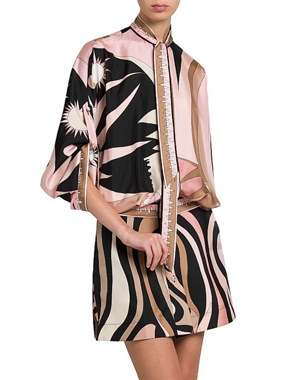 Unique Printed Batwing Sleeve Button-Front Twill Shirt Mini Dress