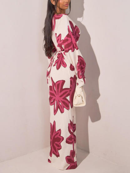 Elegant Floral Print Waist-Defined Maxi Dress