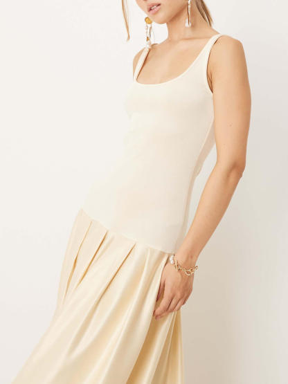 Classic Round-Neck Satin Patchwork Maxi Dress