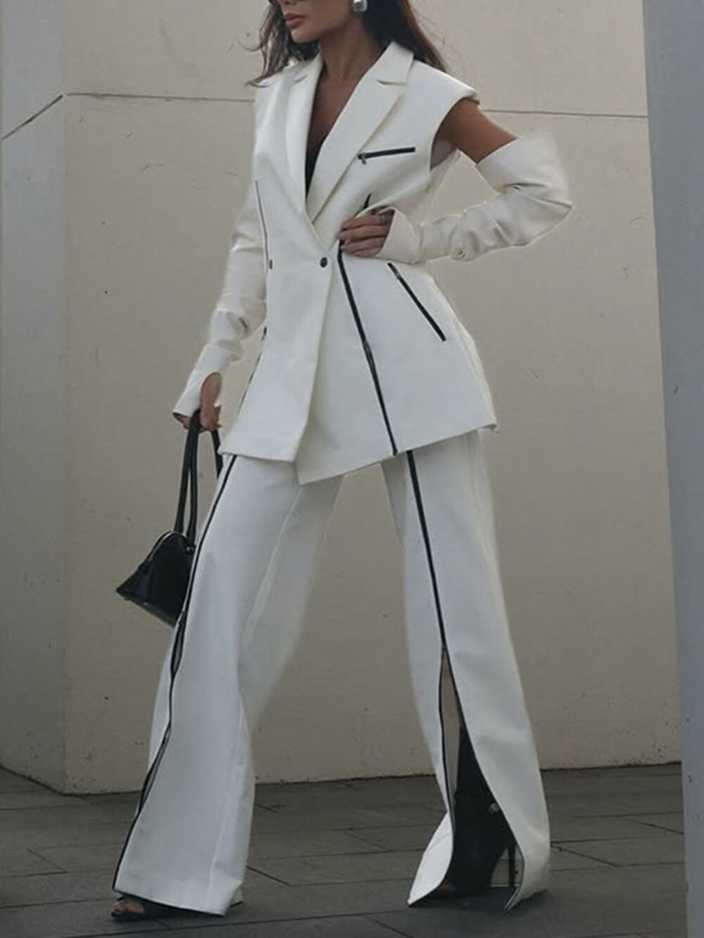 Fashion V-Neck Vest Colorblock Tailored Blazer