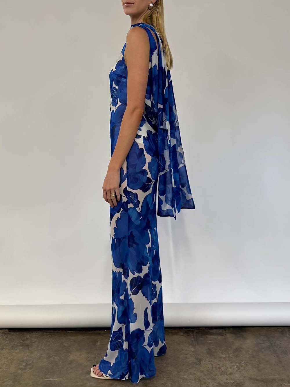 Elegant Floral Print Tie-Back Draped Open-Back Maxi Dress
