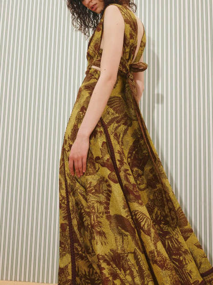 Delicate Printed Cut-Out Patchwork Knit Maxi Dress