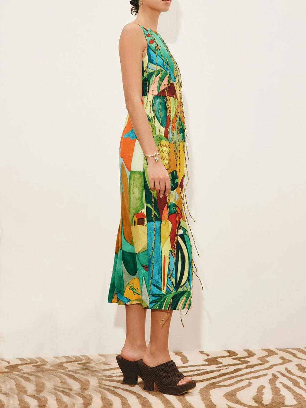 Exquisite Backless Printed Straight-Neck Fringe Midi Dress