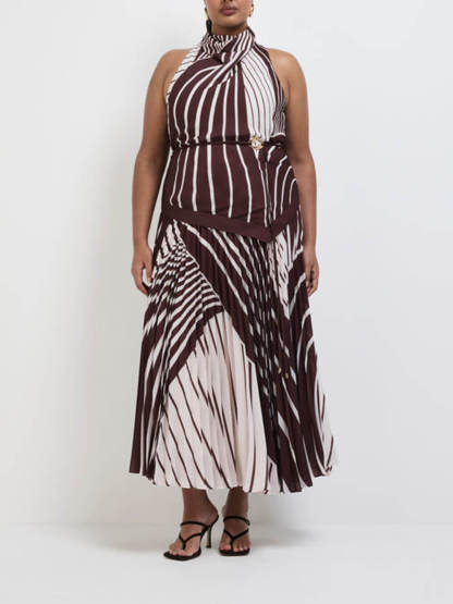 Elegant Striped Print Asymmetrical Hem Pleated Maxi Dress