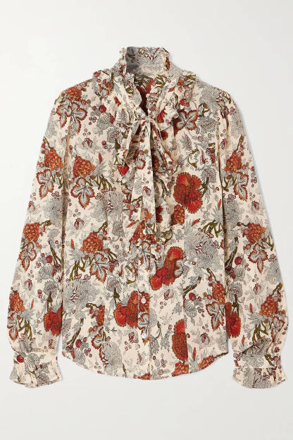 Unique Pussy-Bow Floral-Print Satin Blouse