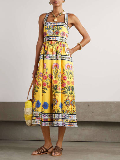 Unique Satin Floral Print Racerback With Pockets Midi Dress