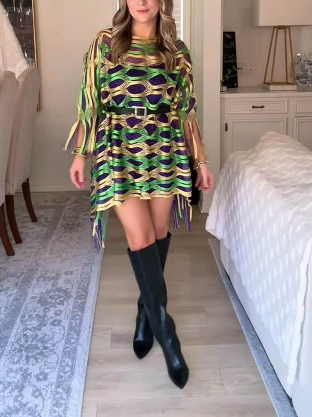 Casual Tassel Patchwork Hollow-Out Shawl Mini Dress