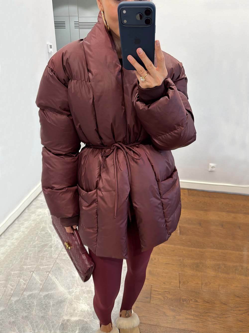 Fashion Pocket Fold-Over Puffy Lace-Up Coat