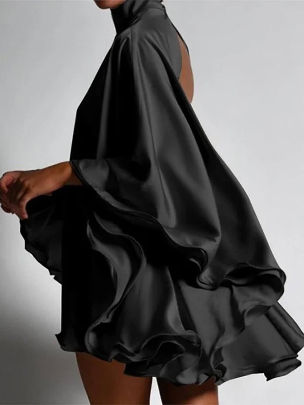 Elegant High-Neck Backless Bell-Sleeve Mini Dress