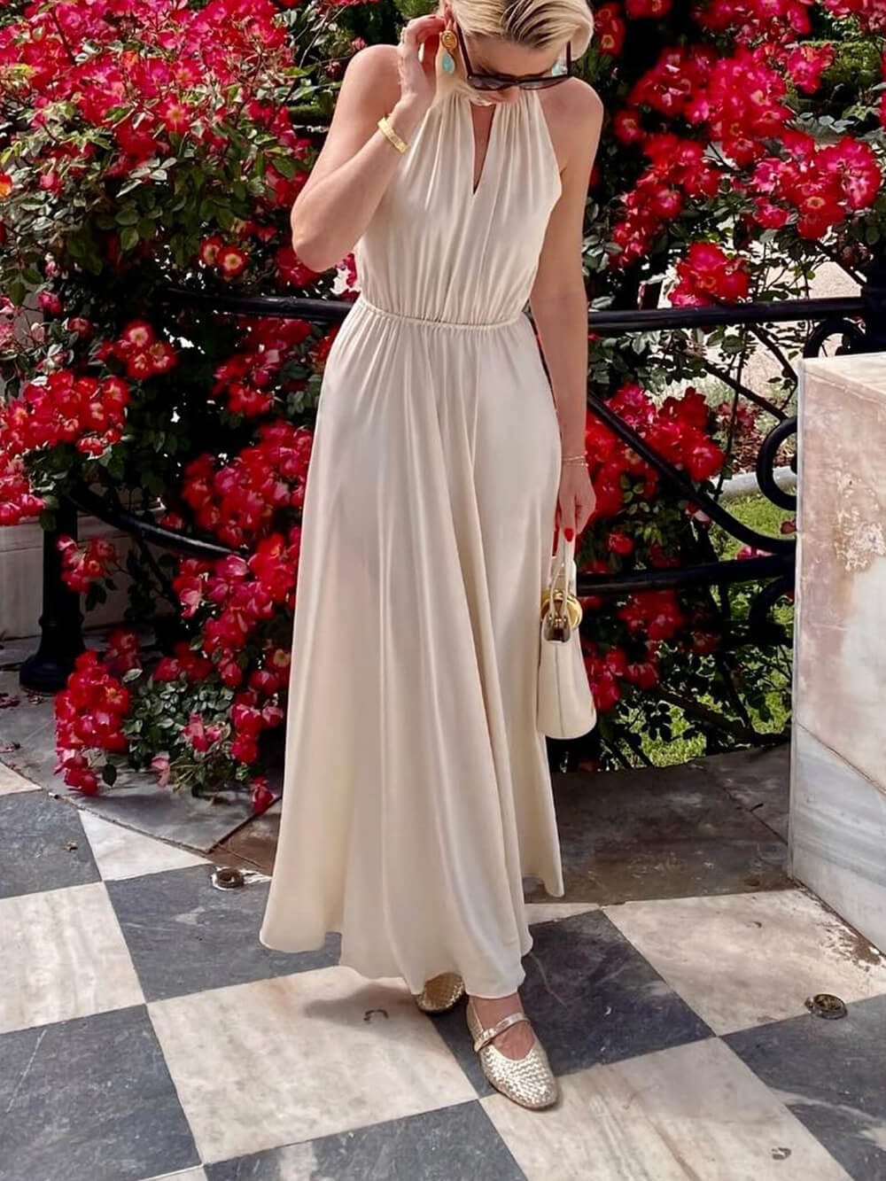 Elegant Off-The-Shoulder Tie Waist Satin Maxi Dress