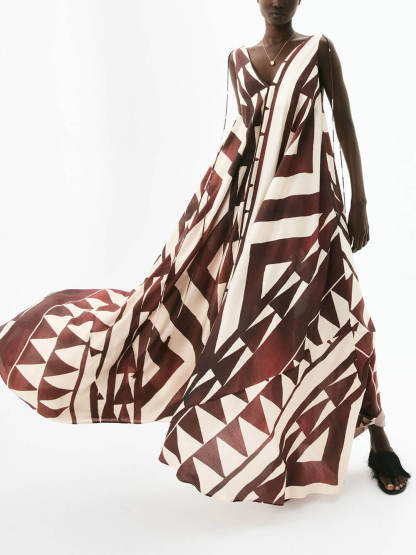 Casual V-Neck Printed Tie-Waist Loose Sleeveless Flowy Maxi Dress