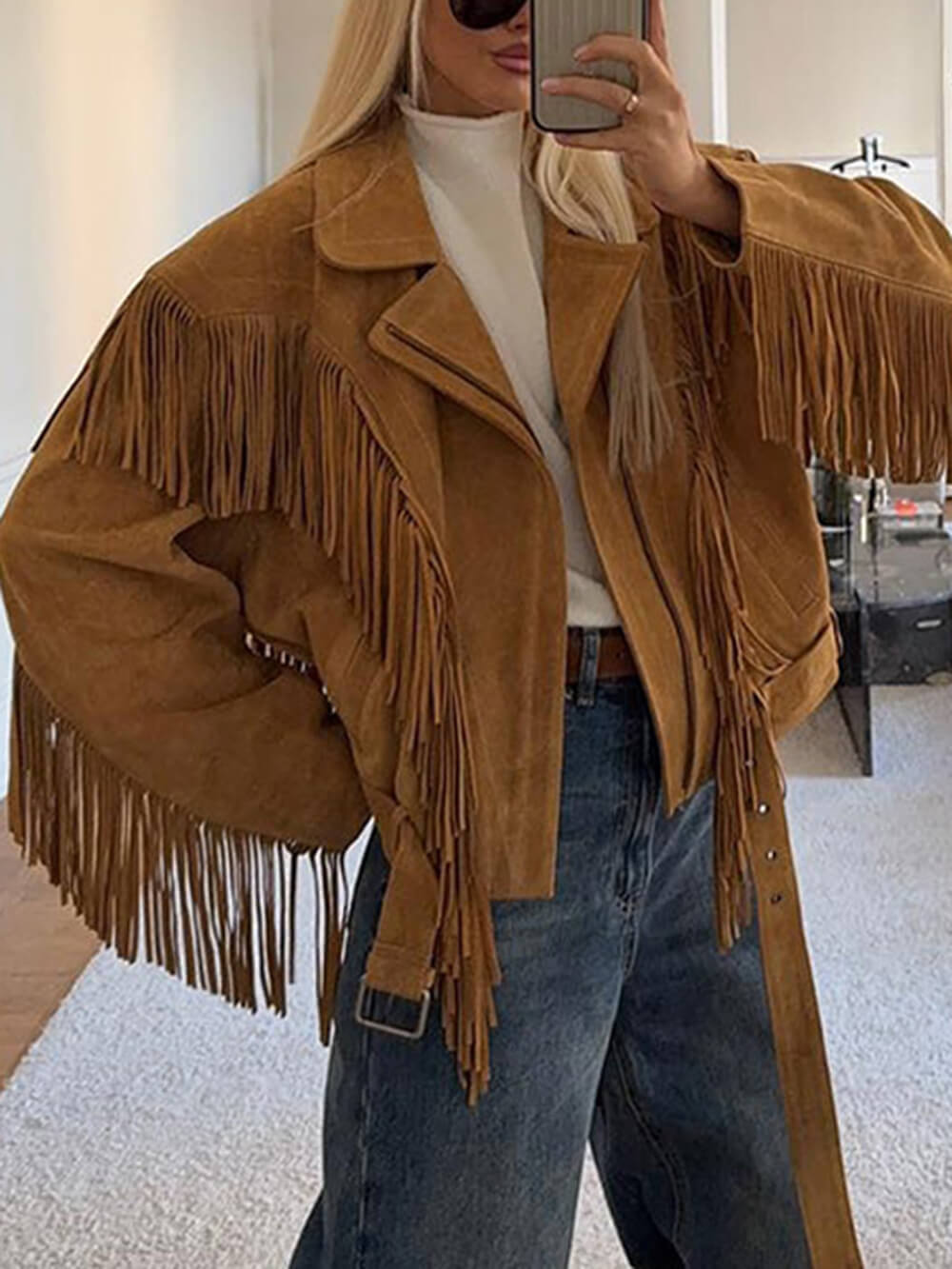 Retro Chic Fringe Suede-Look Wide-Shoulder Jacket