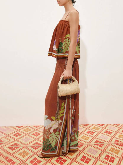 Exquisite Ruffled Adjustable Strap Camisole with Drawstring Slit Wide-Leg Pants Set