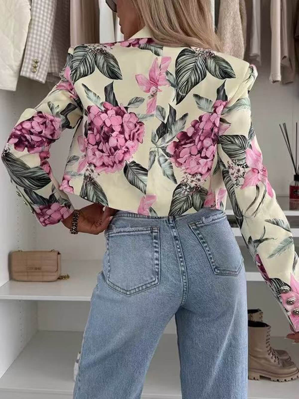 Stylish Botanical Print Cropped Blazer