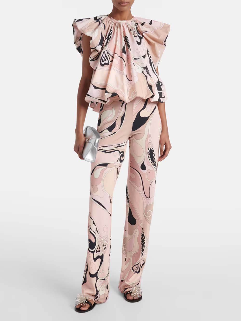Delicate Orchid Print Ruched Blouse & Elastic Waist Straight-Leg Pants Set