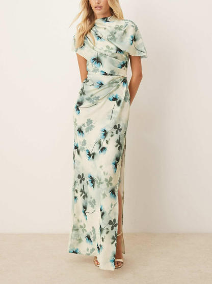 Exquisite Floral Print High Neck Cape Drape Bodycon Maxi Dress