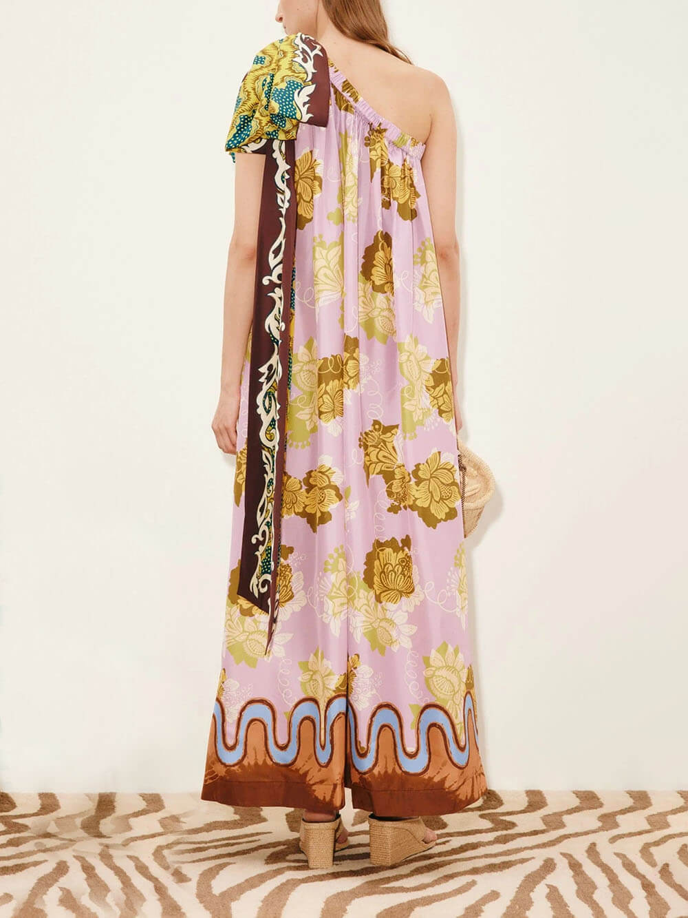 Modern One-Shoulder Printed Satin Bow Maxi Dress