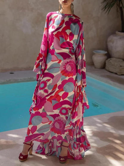 Exquisite Floral Print Pleated Batwing Sleeves Loose-Fitting Maxi Dress