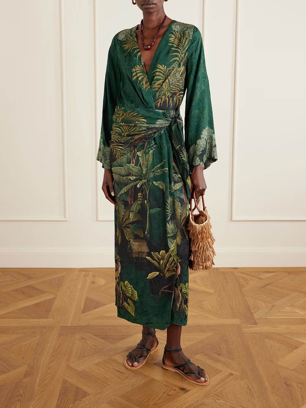 Fashionable Printed Satin Wrap Midi Dress