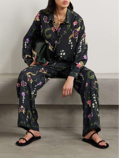 Elegant Floral Print Satin Straight-Leg Pants